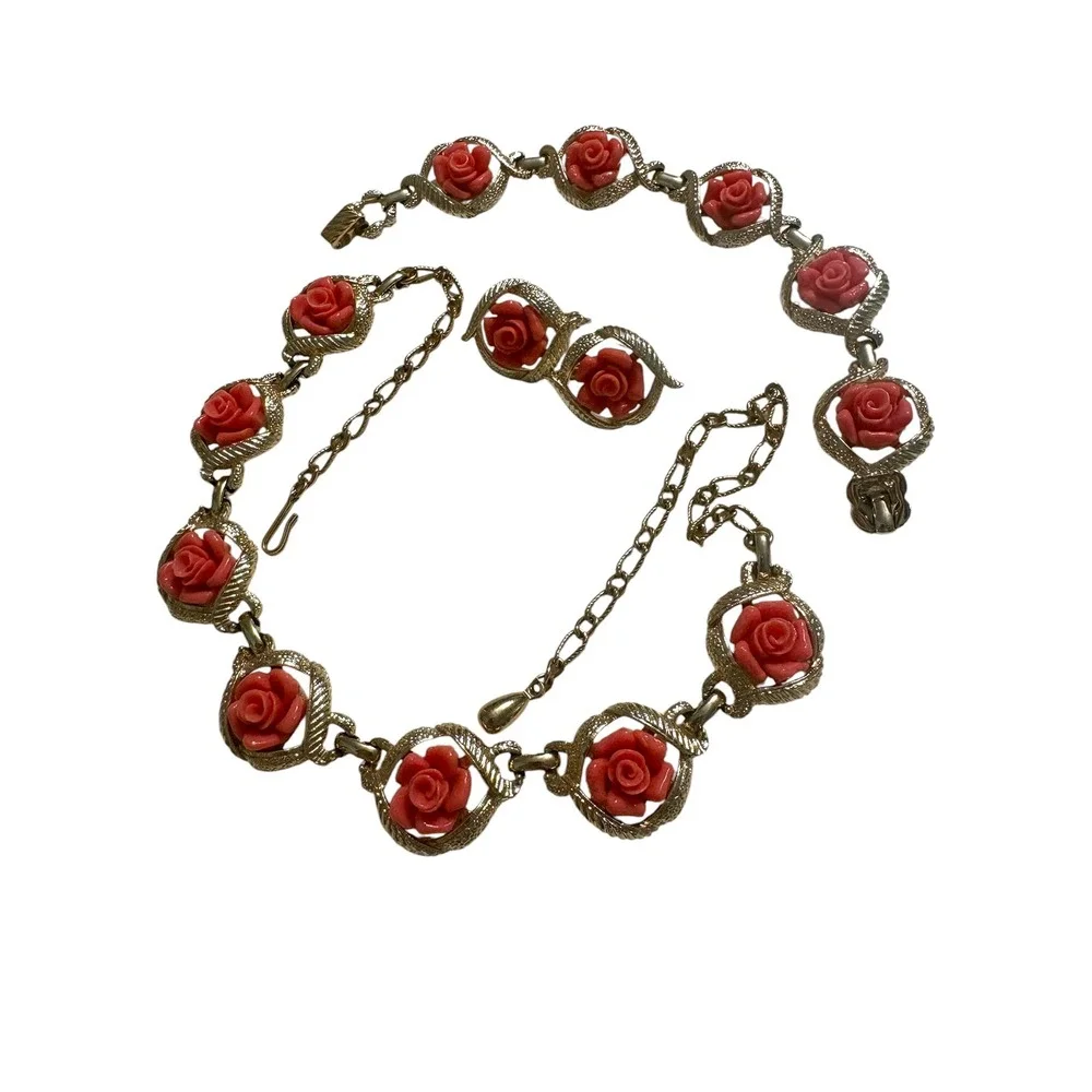 Vintage Sarah Coventry Coral Rose Jewelry Set Necklace Bracelet Clip Earrings - Picture 3 of 15